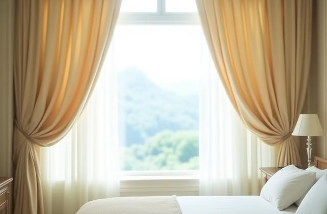 Lange, lyse gardiner i et elegant soverom med utsikt, mykt lys.