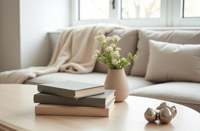 Detaljbilde av et nøye stylet salongbord med dekorative elementer, lyse farger.